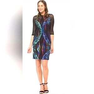 NWT Joseph Ribkoff Print Dress With Mesh 3/4 Sleeves Bright Dress, Size 10